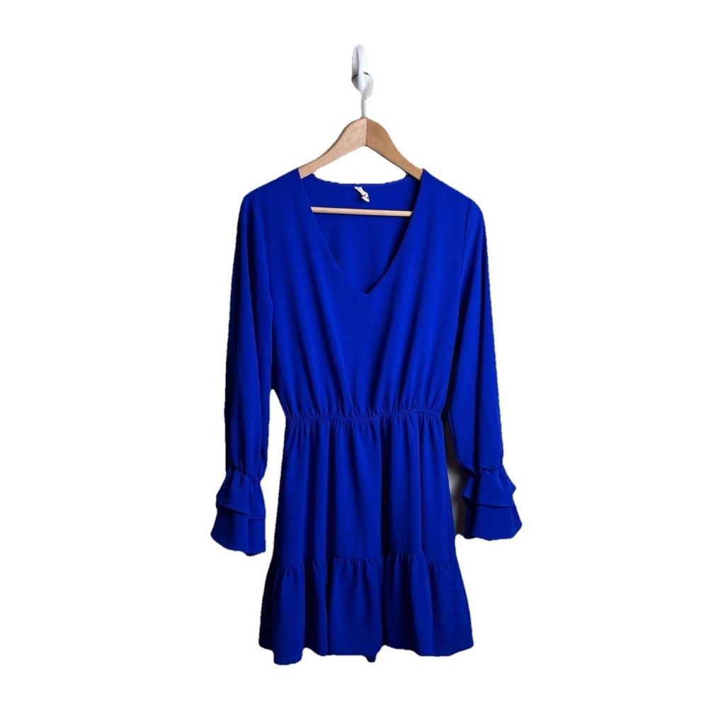 Tyche Dress Small S Royal Blue Ruffle A Line Long Sleeve Mini Women’s V Neck